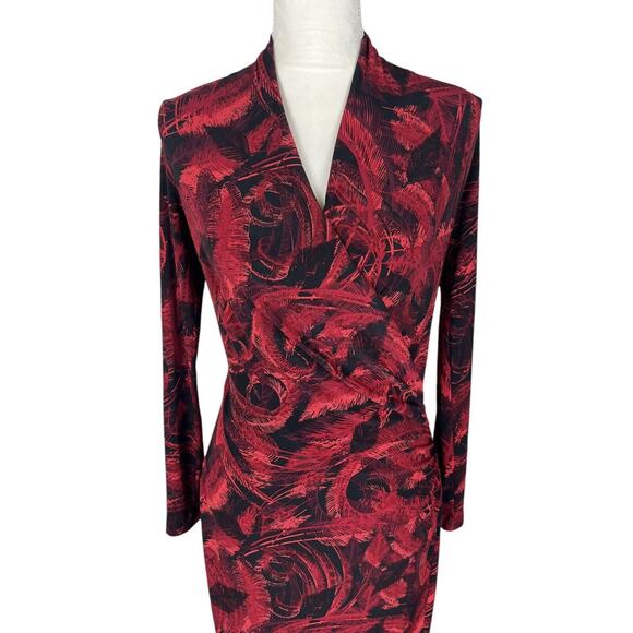 Norma Kamali Red Black Jersey Faux Wrap Dress Long Sleeve V-Neck Size Small - Picture 6 of 8